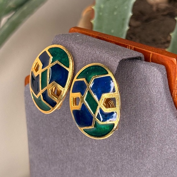 VTG Florenza Geometric Enamel Clip-On Earrings Oval Blue Green Gold 70s Jewelry - Picture 2 of 7